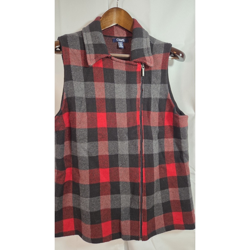 Chaps Women's Plaid Off Center Zipper Vest Red Black Gray XL